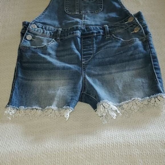 LAST CHANCE Imperial Star 1" Laced Hem Sz. 14 Bib Blue Jean Overalls Shorts - Picture 2 of 4